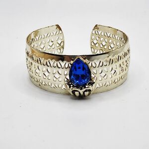 Vintage Gold Tone Royal Blue Glass Filigree Adjustable Bangle Cuff Bracelet